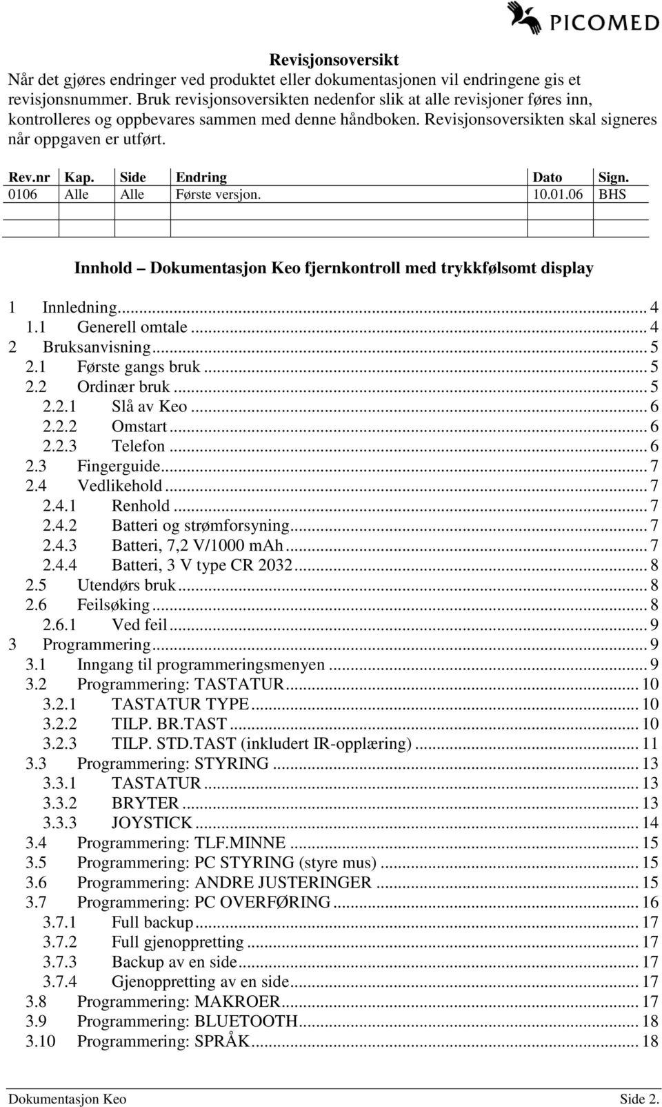 Side Endring Dato Sign. 0106 Alle Alle Første versjon. 10.01.06 BHS Innhold Dokumentasjon Keo fjernkontroll med trykkfølsomt display 1 Innledning... 4 1.1 Generell omtale... 4 2 Bruksanvisning... 5 2.