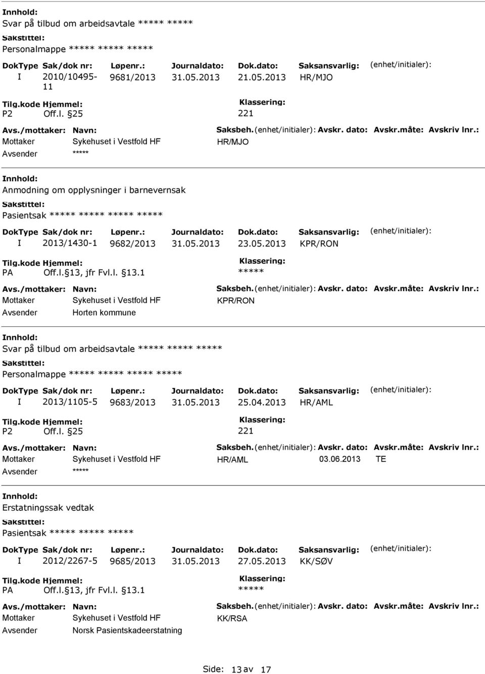 : KPR/RON Horten kommune 2013/1105-5 9683/2013 25.04.2013 Avs./mottaker: Navn: Saksbeh. Avskr. dato: Avskr.måte: Avskriv lnr.: 03.06.