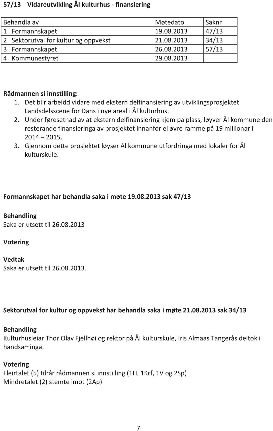 Under føresetnad av at ekstern delfinansiering kjem på plass, løyver Ål kommune den resterande finansieringa av prosjektet innanfor ei øvre ramme på 19 millionar i 2014 2015. 3.