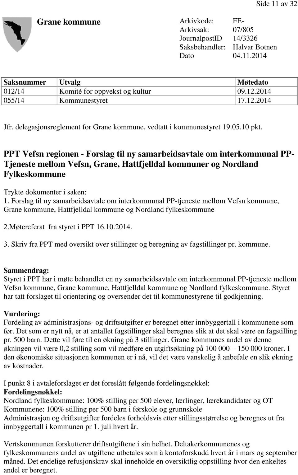 PPT Vefsn regionen - Forslag til ny samarbeidsavtale om interkommunal PP- Tjeneste mellom Vefsn, Grane, Hattfjelldal kommuner og Nordland Fylkeskommune Trykte dokumenter i saken: 1.