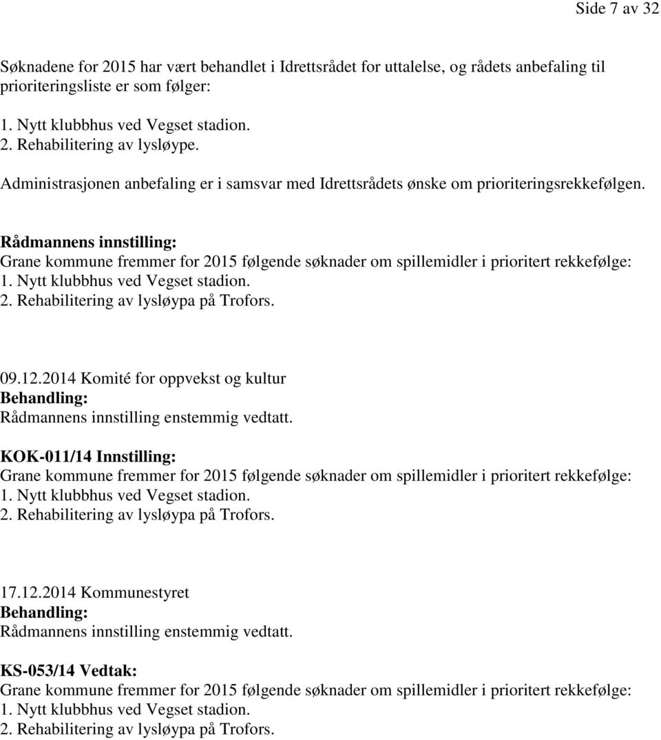 Rådmannens innstilling: Grane kommune fremmer for 2015 følgende søknader om spillemidler i prioritert rekkefølge: 1. Nytt klubbhus ved Vegset stadion. 2. Rehabilitering av lysløypa på Trofors. 09.12.
