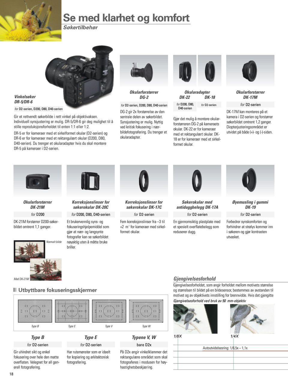 DR-5 er for kameraer med et sirkelformet okular (D2-serien) og DR-6 er for kameraer med et rektangulært okular (D200, D80, D40-serien).