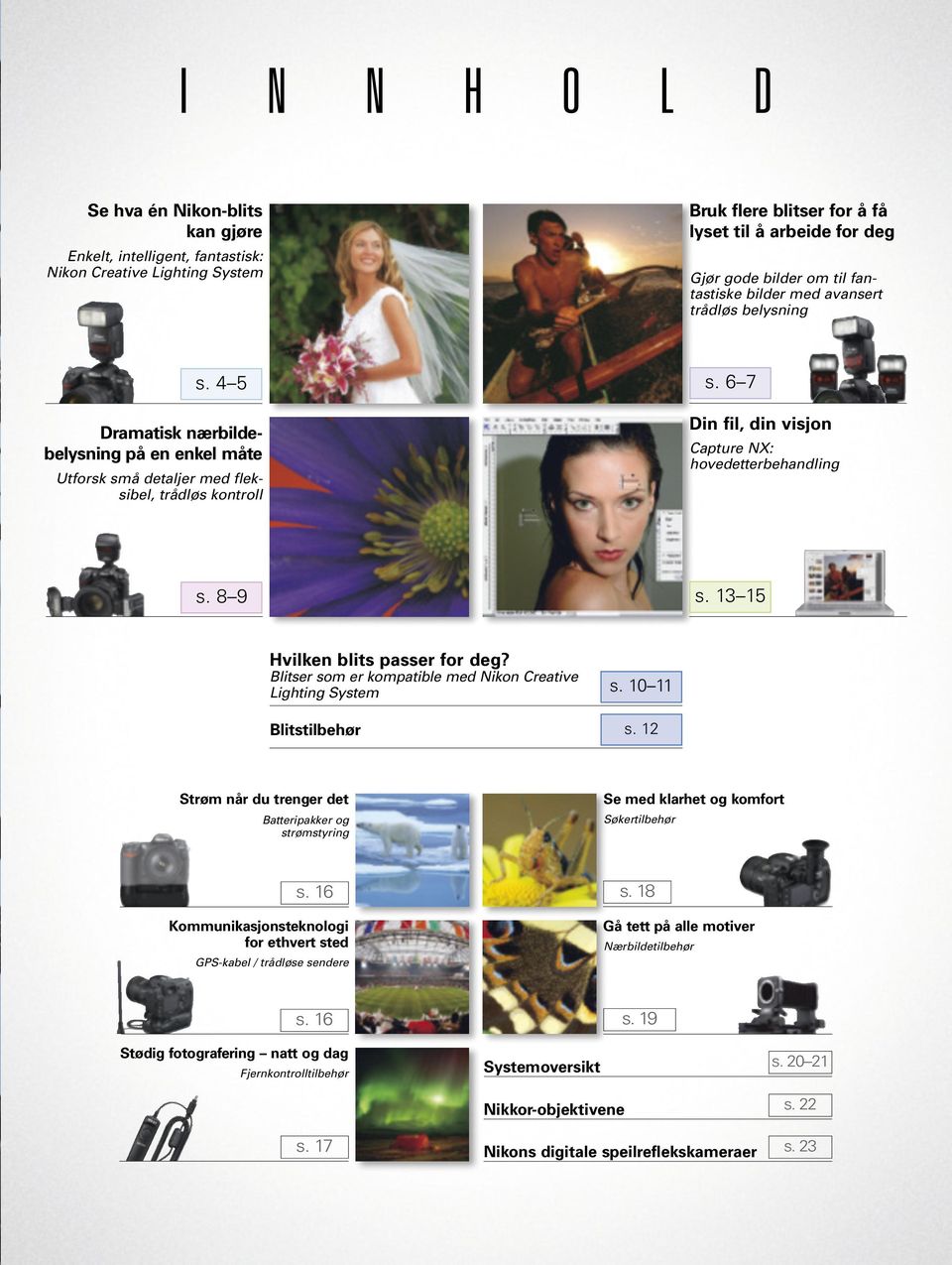 6 7 Din fil, din visjon Capture NX: hovedetterbehandling s. 8 9 s. 13 15 Hvilken blits passer for deg? Blitser som er kompatible med Nikon Creative Lighting System Blitstilbehør s. 10 11 s.