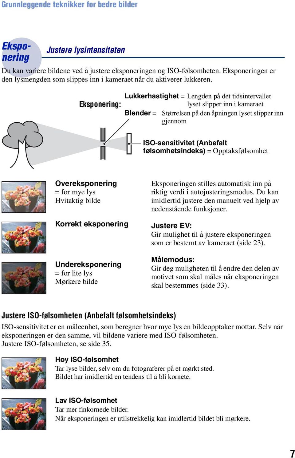 Lukkerhastighet = Lengden på det tidsintervallet Eksponering: lyset slipper inn i kameraet Blender = Størrelsen på den åpningen lyset slipper inn gjennom ISO-sensitivitet (Anbefalt følsomhetsindeks)