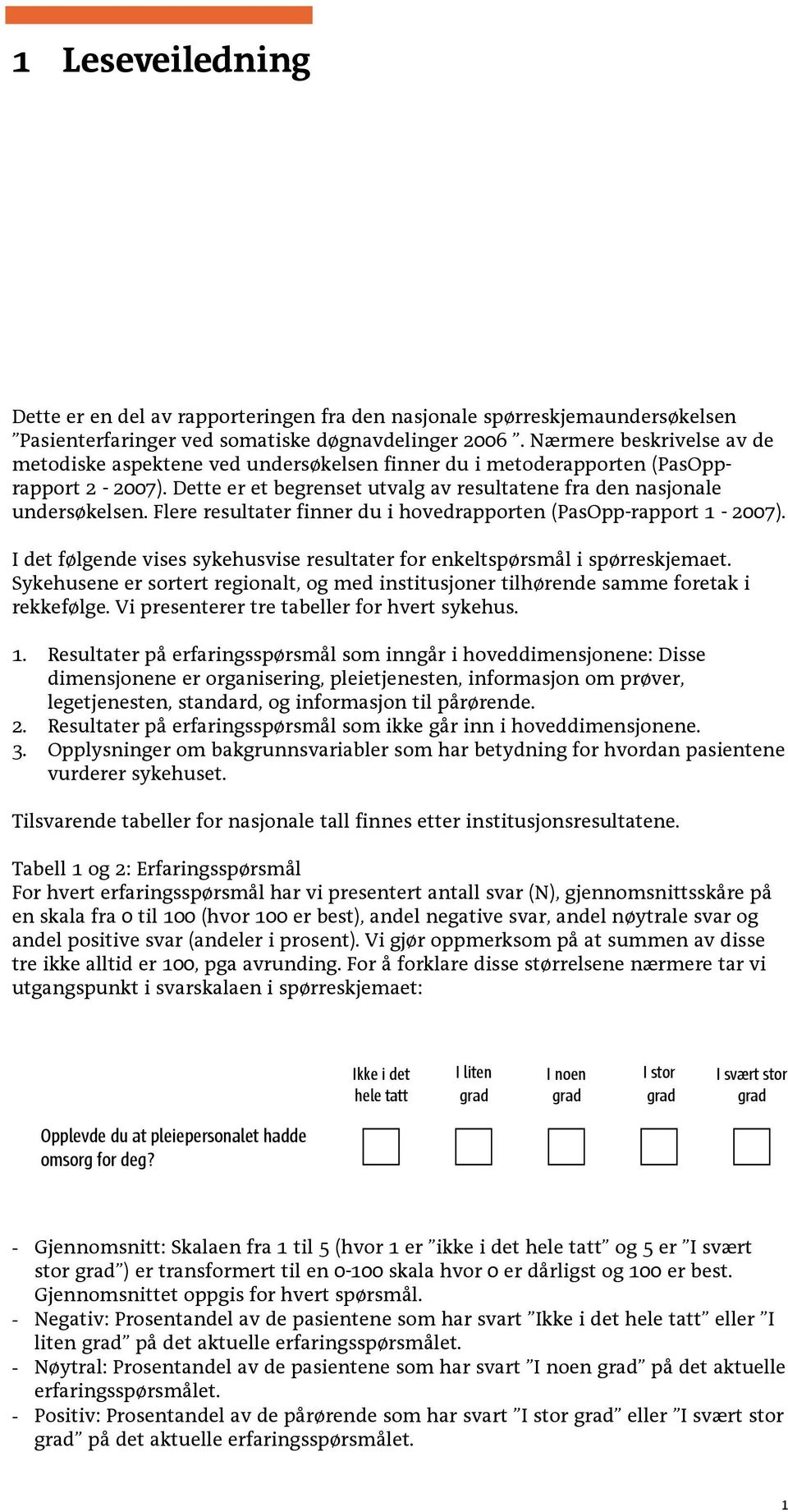 Flere resultater finner du i hovedrapporten (PasOpp-rapport 1-2007). I det følgende vises sykehusvise resultater for enkeltspørsmål i spørreskjemaet.