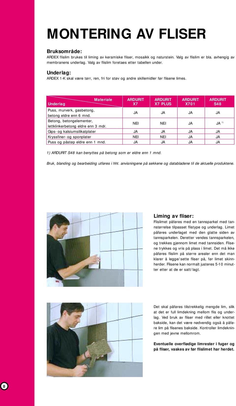 Materiale ARDURIT ARDURIT ARDURIT ARDURIT Underlag X7 X7 PLUS X701 S48 Puss, murverk, gasbetong, betong eldre enn 6 mnd. JA JA JA JA Betong, betongelementer, lettklinkerbetong eldre enn 3 mdr.
