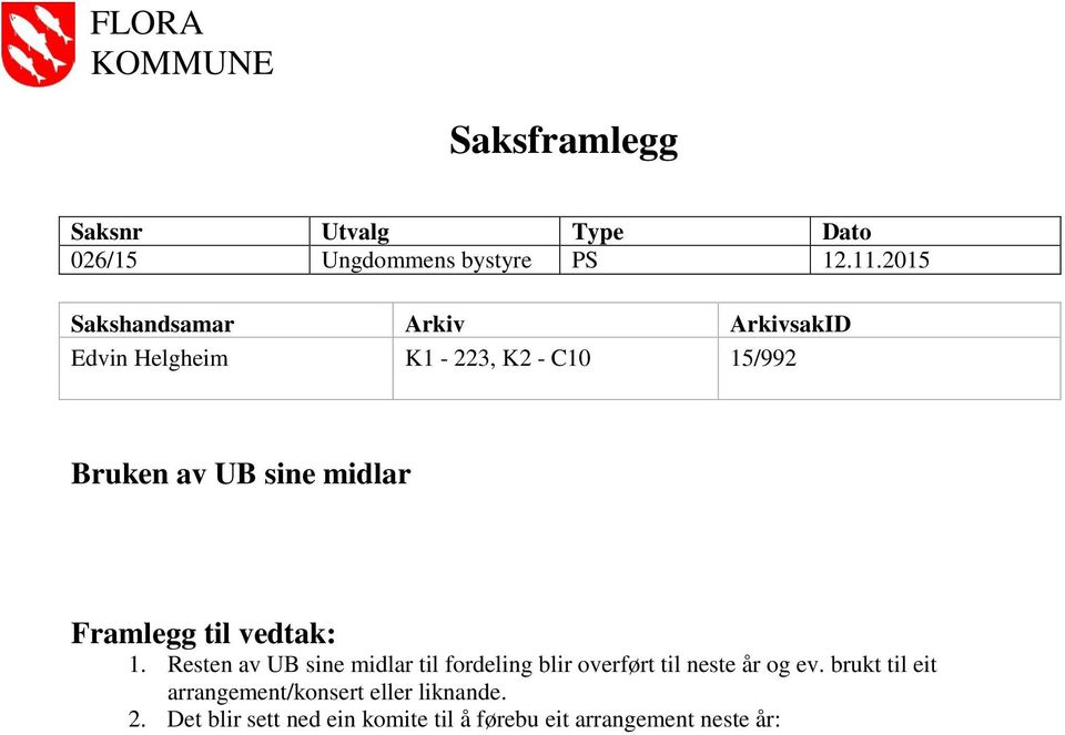 midlar Framlegg til vedtak: 1.