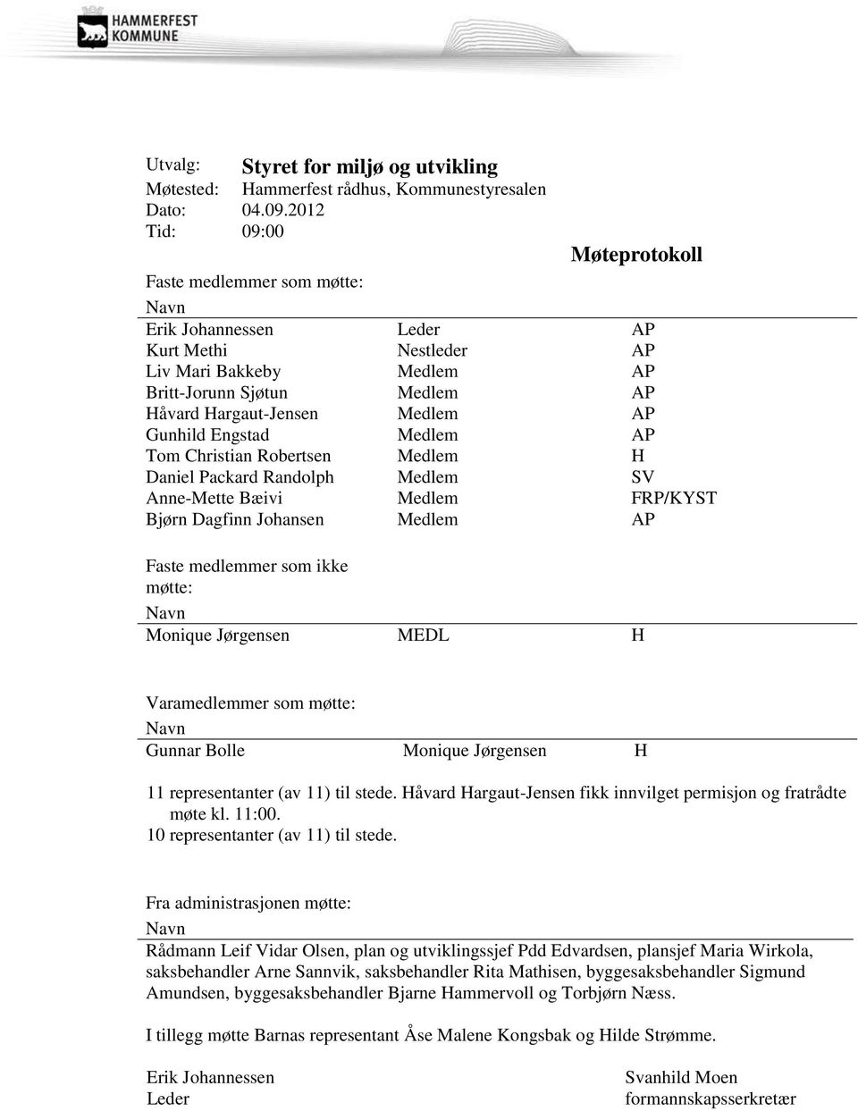 Gunhild Engstad Medlem AP Tom Christian Robertsen Medlem H Daniel Packard Randolph Medlem SV Anne-Mette Bæivi Medlem FRP/KYST Bjørn Dagfinn Johansen Medlem AP Faste medlemmer som ikke møtte: Monique