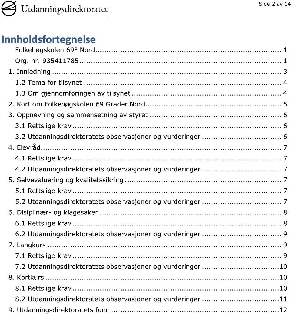 Elevråd............ 7 4.1 Rettslige krav......... 7 4.2 Utdanningsdirektoratets observasjoner og vur deringer...... 7 5. Selvevaluering og kvalitetssikring......... 7 5.1 Rettslige krav......... 7 5.2 Utdanningsdirektoratets observasjoner og vurderinger.