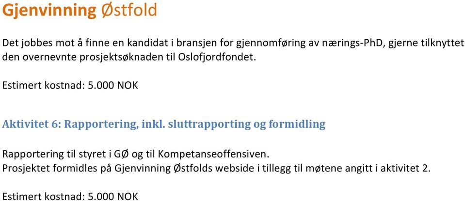 000 NOK Aktivitet 6: Rapportering, inkl.