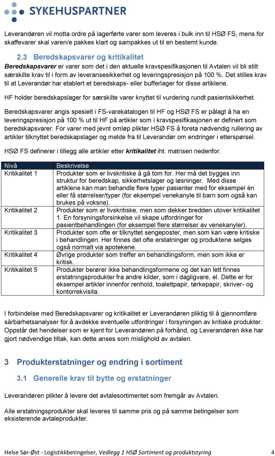 på 100 %. Det stilles krav til at Leverandør har etablert et beredskaps- eller bufferlager for disse artiklene.