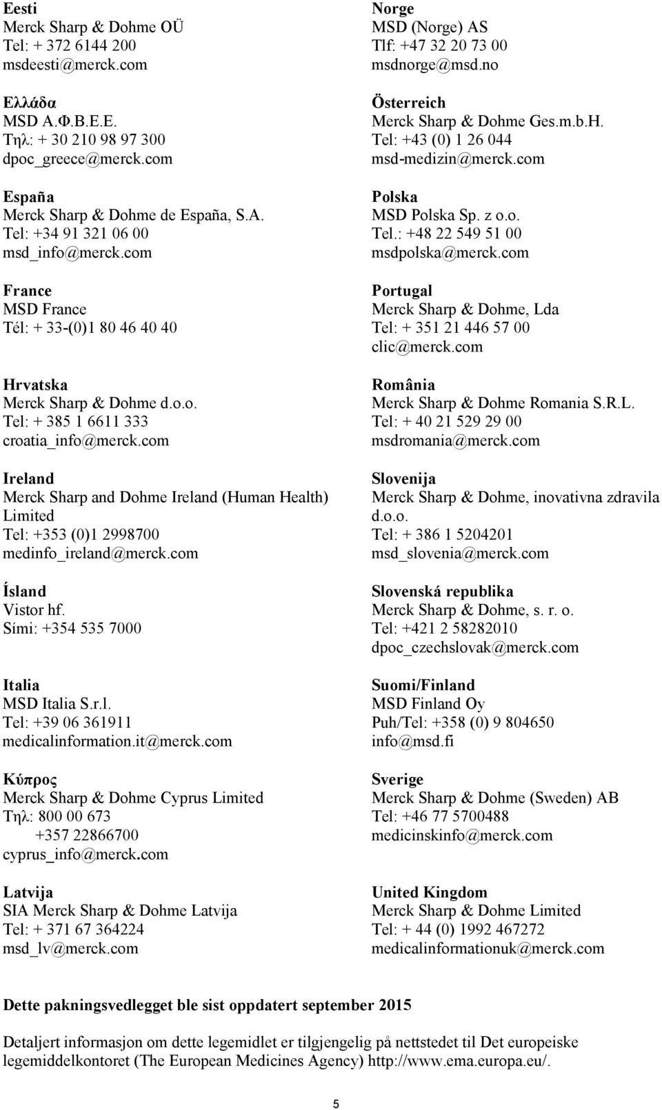 com Ireland Merck Sharp and Dohme Ireland (Human Health) Limited Tel: +353 (0)1 2998700 medinfo_ireland@merck.com Ísland Vistor hf. Sími: +354 535 7000 Ιtalia MSD Italia S.r.l. Tel: +39 06 361911 medicalinformation.