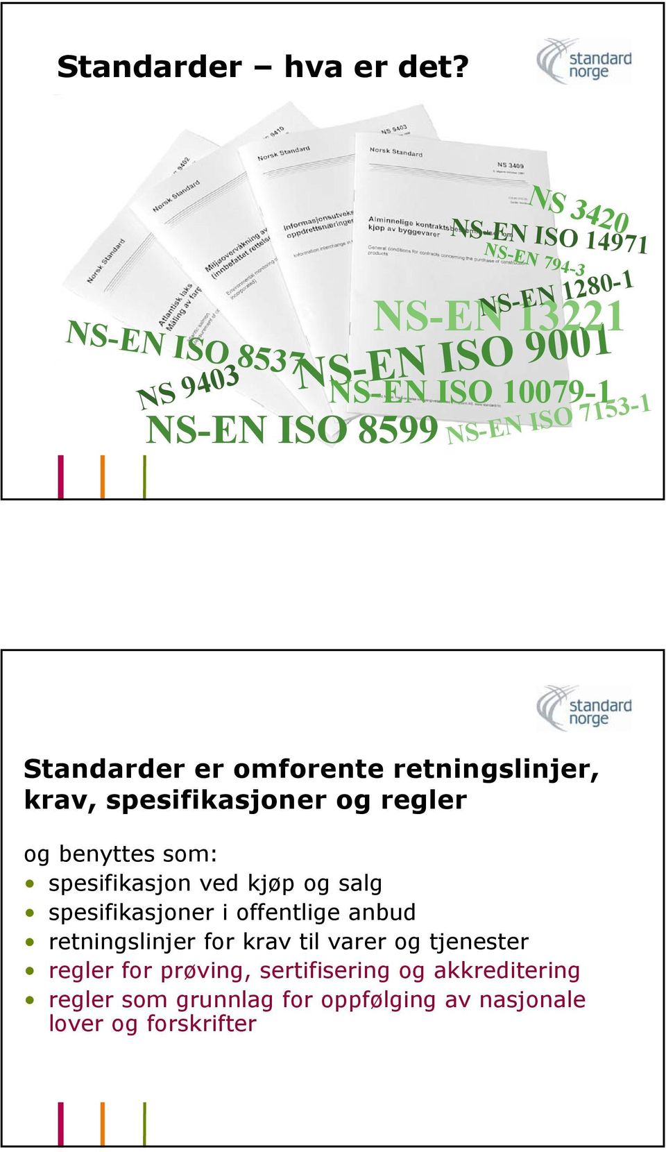 10079-1 NS-EN ISO 7153-1 Standarder er omforente retningslinjer, krav, spesifikasjoner og regler og benyttes som: