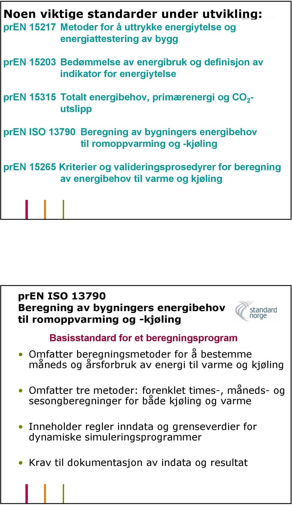 beregning av energibehov til varme og kjøling pren ISO 13790 Beregning av bygningers energibehov til romoppvarming og -kjøling Basisstandard for et beregningsprogram Omfatter beregningsmetoder for å