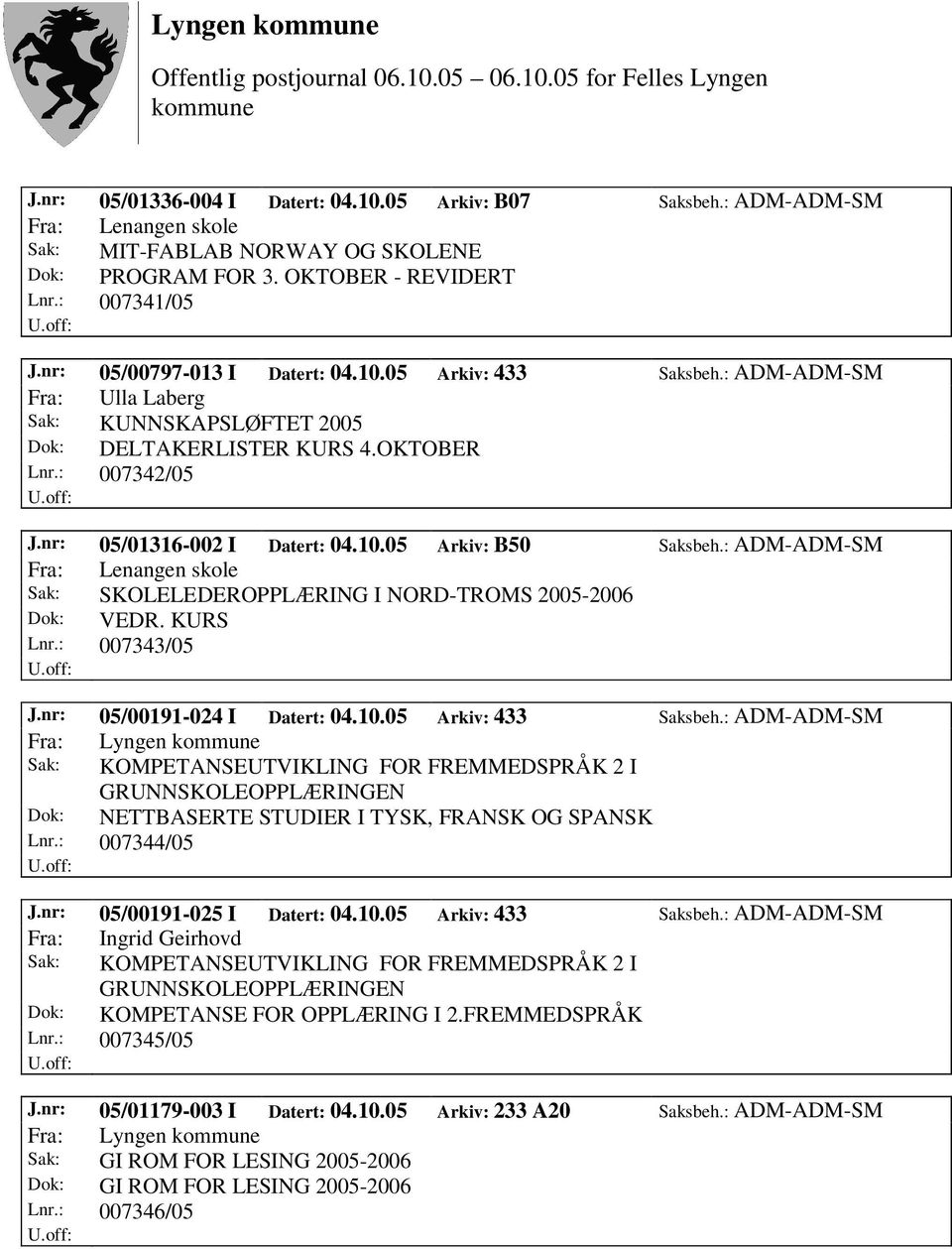 : ADM-ADM-SM Fra: Lenangen skole Sak: SKOLELEDEROPPLÆRING I NORD-TROMS 2005-2006 Dok: VEDR. KURS Lnr.: 007343/05 J.nr: 05/00191-024 I Datert: 04.10.05 Arkiv: 433 Saksbeh.