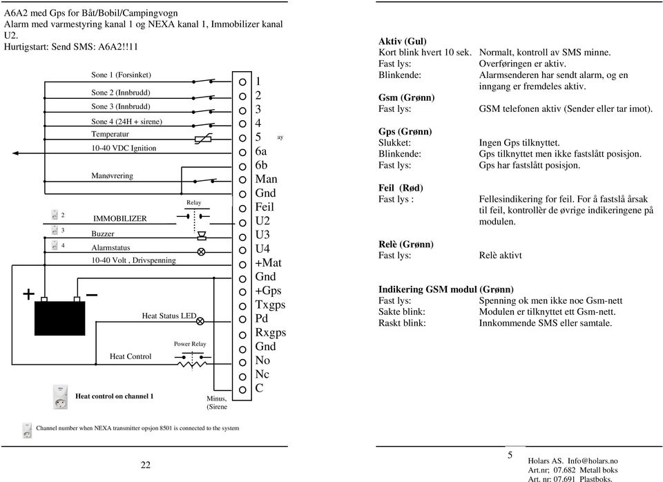 (Gul) Kort blink hvert 0 sek. rmalt, kontroll av SMS minne. Fast lys: Overføringen er aktiv. Blinkende: Alarmsenderen har sendt alarm, og en inngang er fremdeles aktiv.