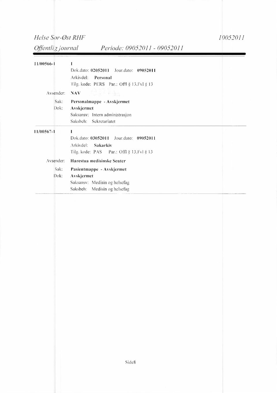 : Offl 13,Fv1 13 Avsender: NAV Sak: Personalmappe - Avskjermet Intern administrasjon Sekretariatet