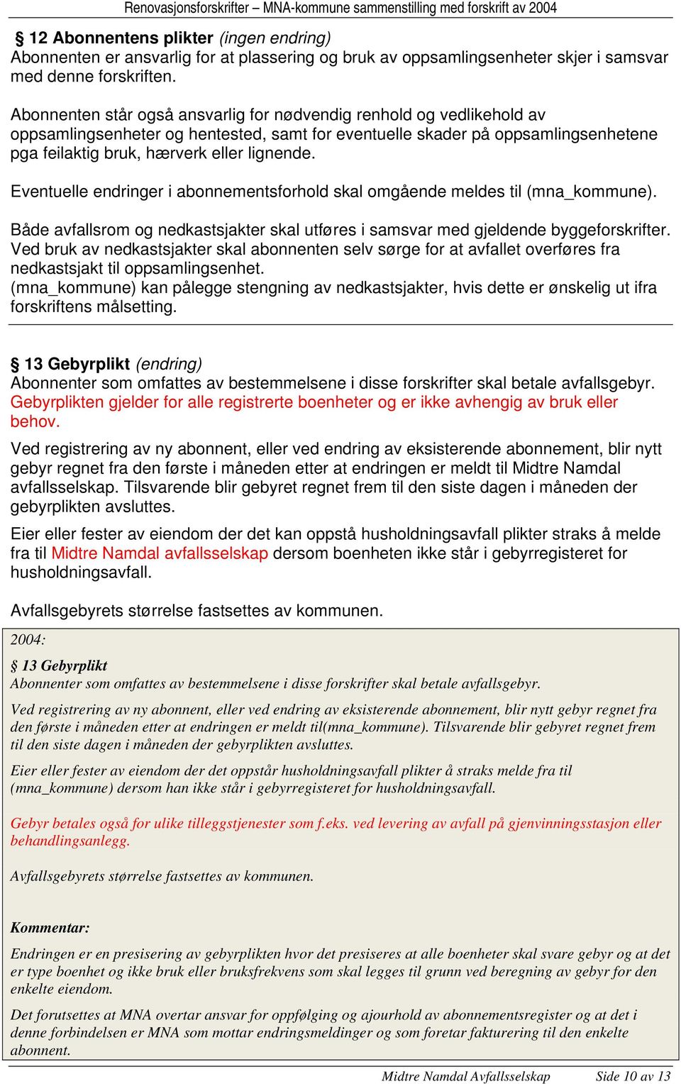 Eventuelle endringer i abonnementsforhold skal omgående meldes til (mna_kommune). Både avfallsrom og nedkastsjakter skal utføres i samsvar med gjeldende byggeforskrifter.