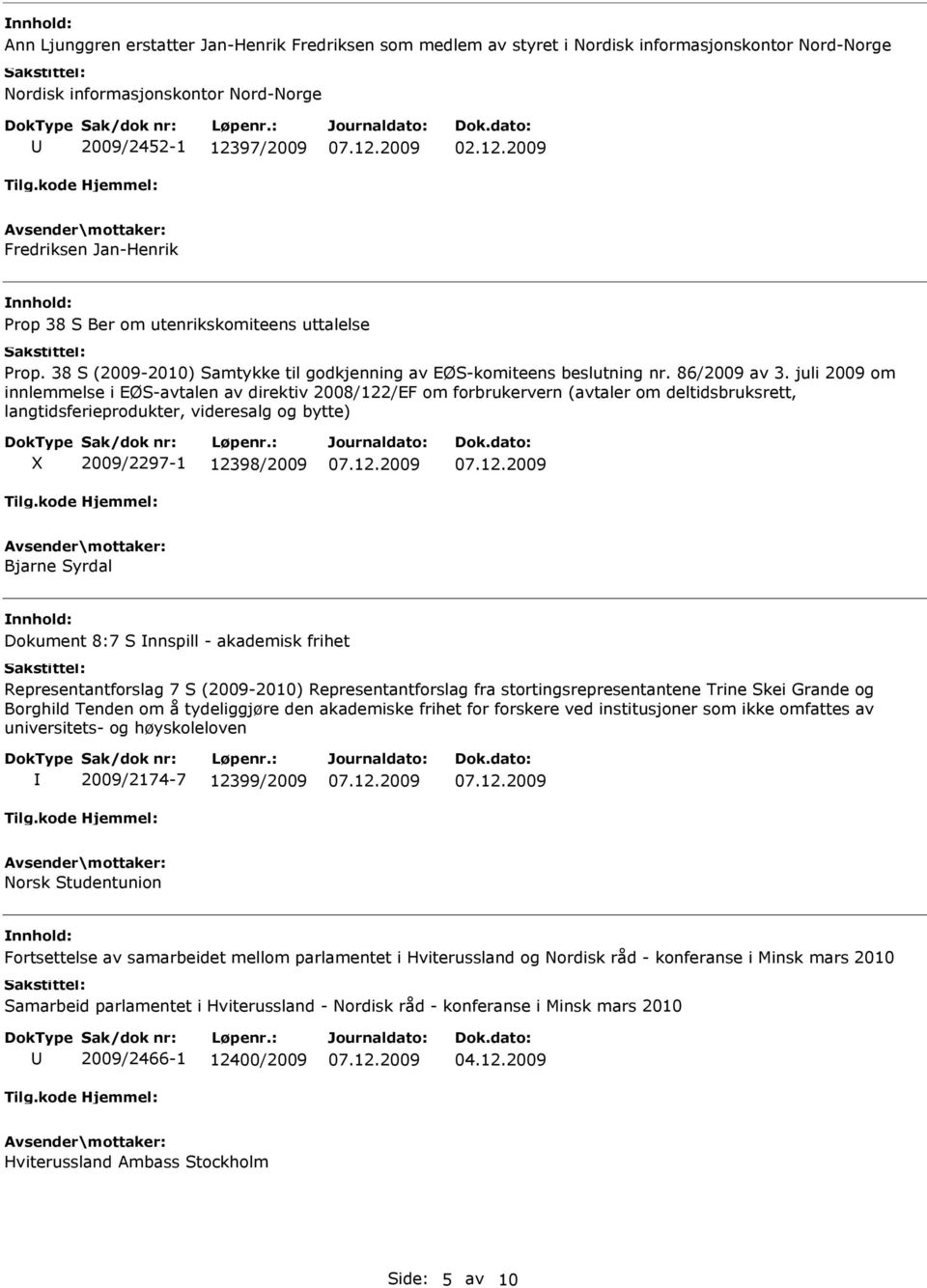 juli 2009 om innlemmelse i EØS-avtalen av direktiv 2008/122/EF om forbrukervern (avtaler om deltidsbruksrett, langtidsferieprodukter, videresalg og bytte) X 2009/2297-1 12398/2009 Bjarne Syrdal