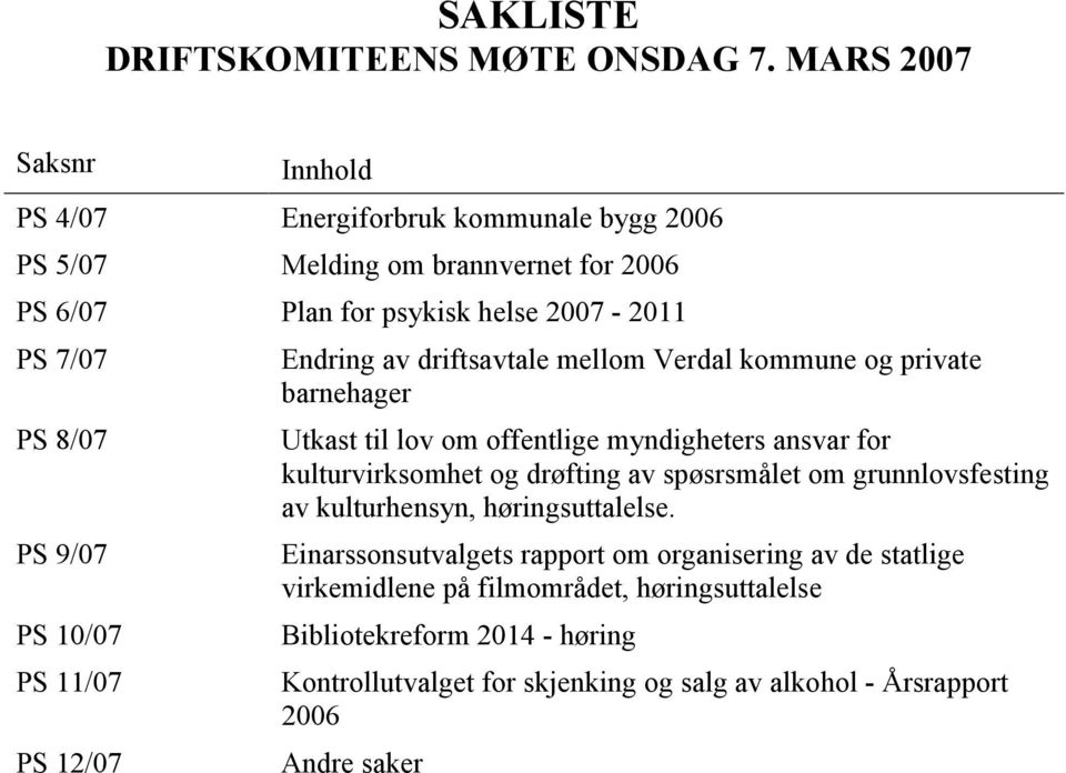 9/07 PS 10/07 PS 11/07 PS 12/07 Endring av driftsavtale mellom Verdal kommune og private barnehager Utkast til lov om offentlige myndigheters ansvar for