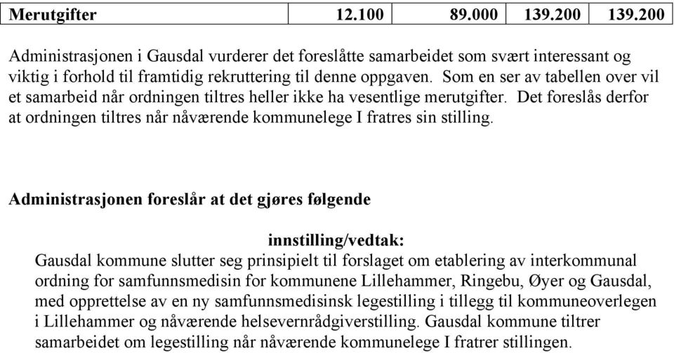 Administrasjonen foreslår at det gjøres følgende innstilling/vedtak: Gausdal kommune slutter seg prinsipielt til forslaget om etablering av interkommunal ordning for samfunnsmedisin for kommunene