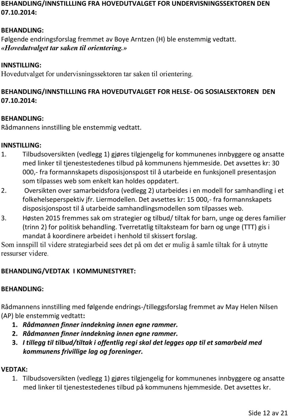 BEHANDLING/INNSTILLLING FRA HOVEDUTVALGET FOR HELSE- OG SOSIALSEKTOREN DEN 07.10.2014: Rådmannens innstilling ble enstemmig vedtatt. INNSTILLING: 1.