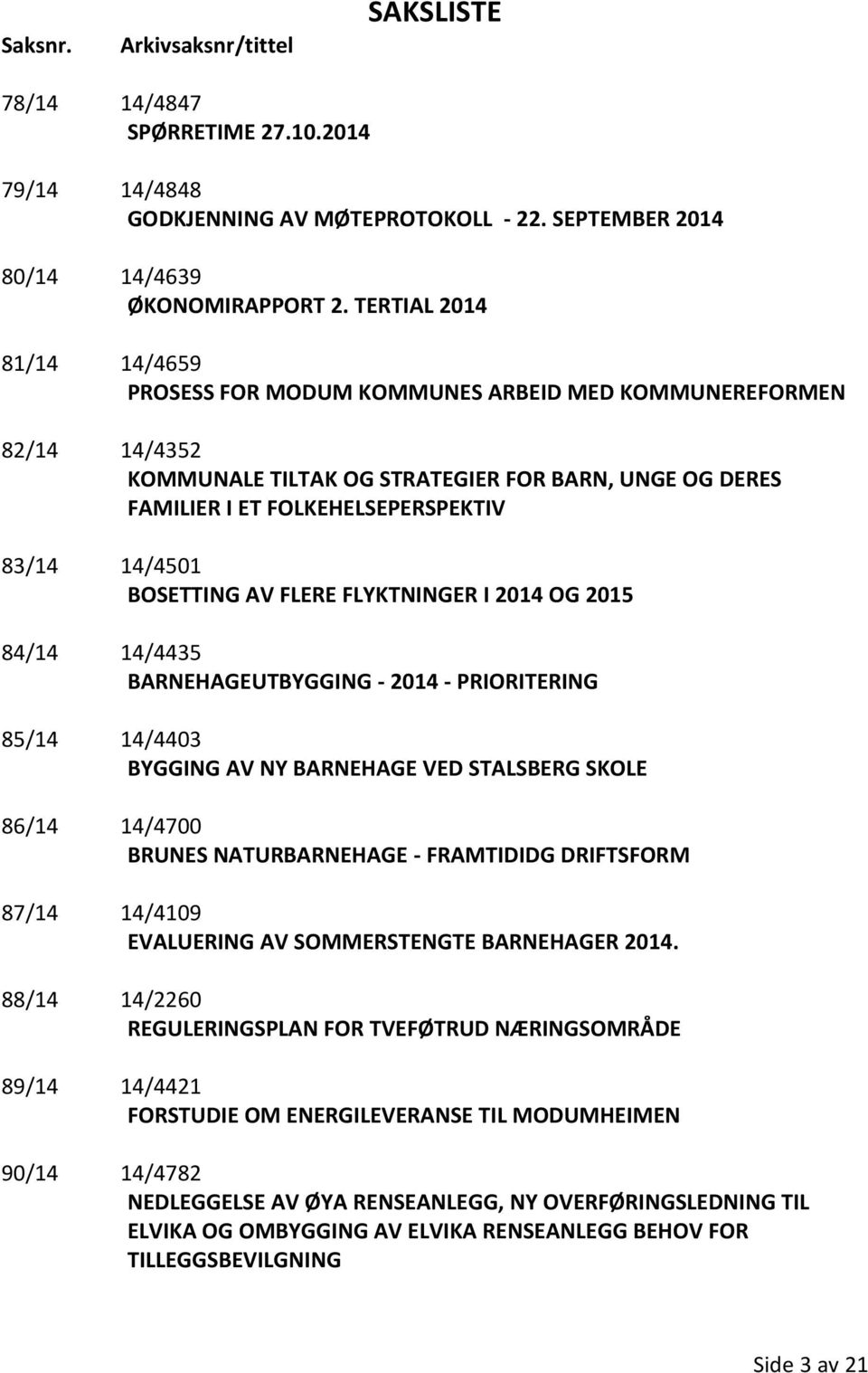 BOSETTING AV FLERE FLYKTNINGER I 2014 OG 2015 84/14 14/4435 BARNEHAGEUTBYGGING - 2014 - PRIORITERING 85/14 14/4403 BYGGING AV NY BARNEHAGE VED STALSBERG SKOLE 86/14 14/4700 BRUNES NATURBARNEHAGE -