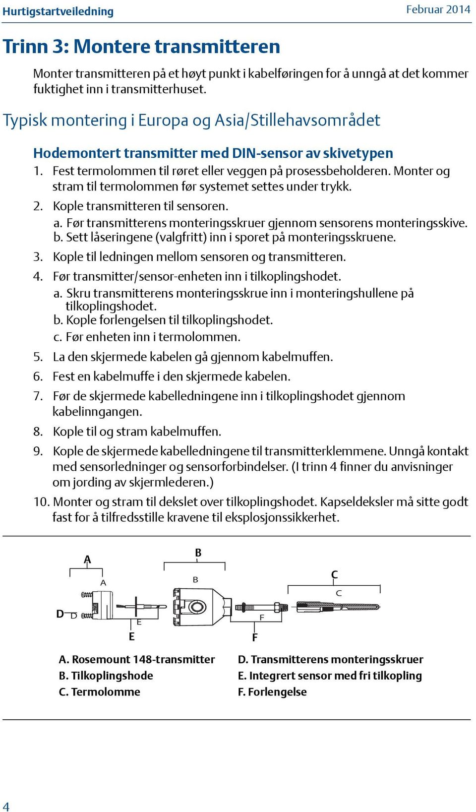 Monter og stram til termolommen før systemet settes under trykk. 2. Kople transmitteren til sensoren. a. Før transmitterens monteringsskruer gjennom sensorens monteringsskive. b.