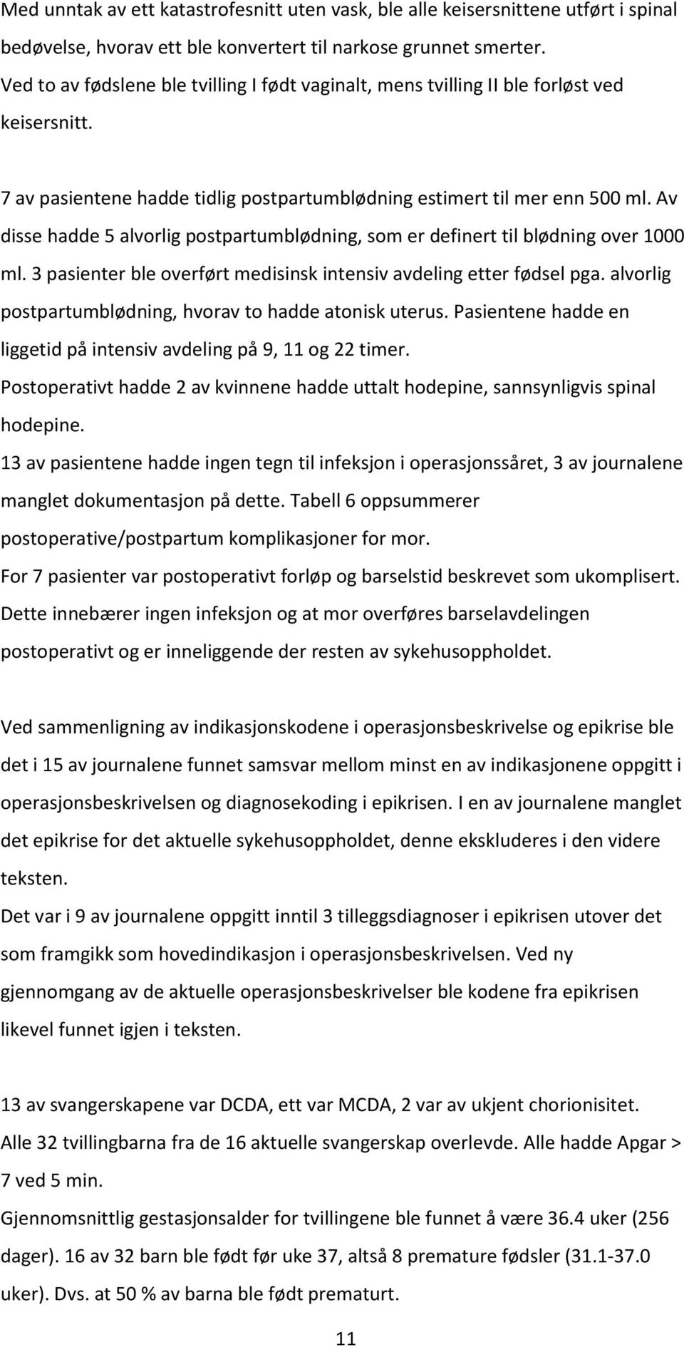 Av disse hadde 5 alvorlig postpartumblødning, som er definert til blødning over 1000 ml. 3 pasienter ble overført medisinsk intensiv avdeling etter fødsel pga.