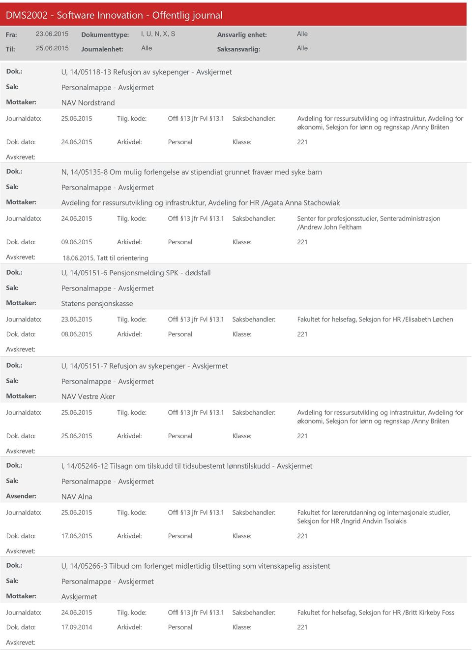 Feltham 09.06.2015 Personal 18.06.2015, Tatt til orientering, 14/05151-6 Pensjonsmelding SPK - dødsfall Personalmappe - Statens pensjonskasse Fakultet for helsefag, Seksjon for HR /Elisabeth Løchen 08.