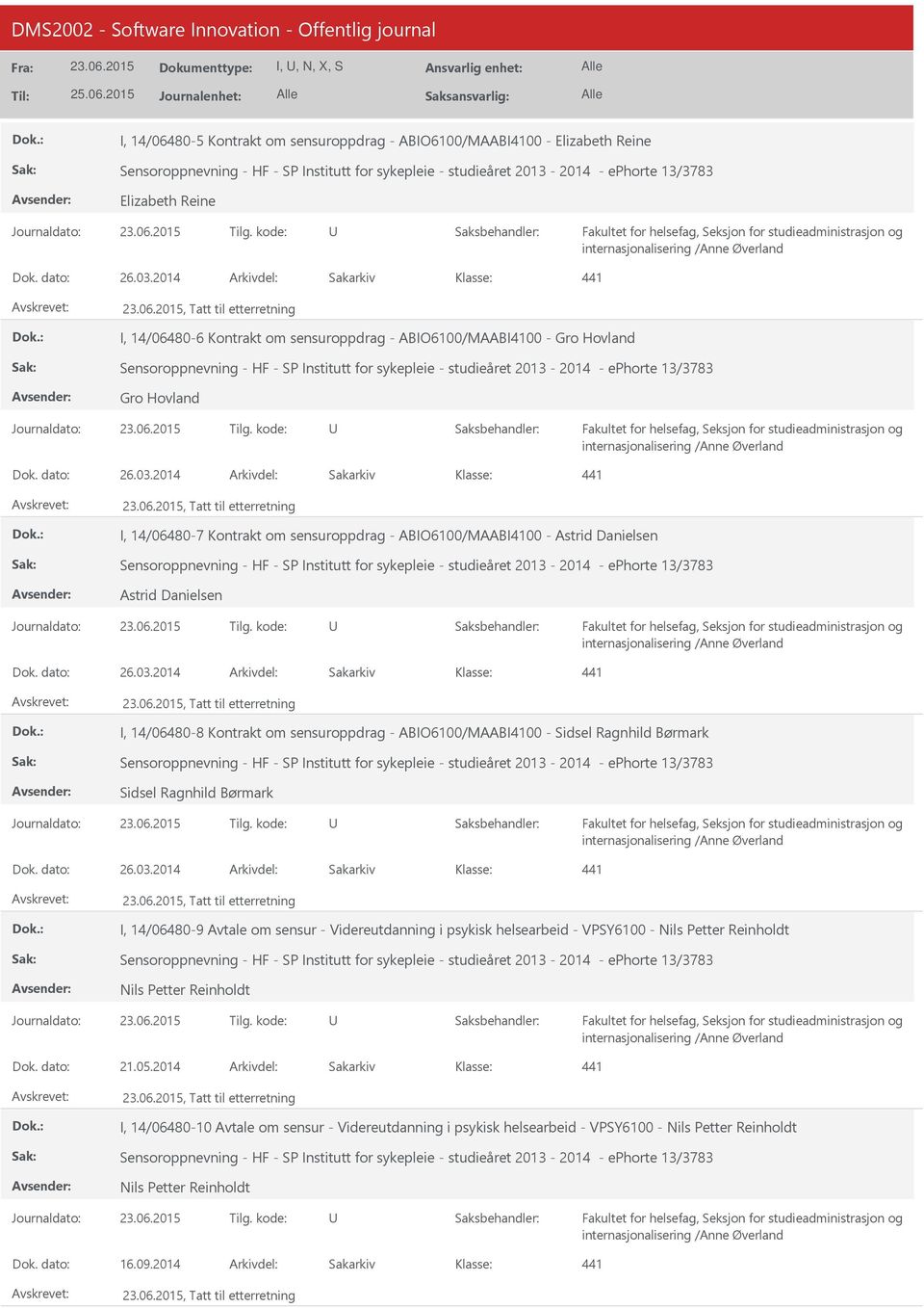 2014, Tatt til etterretning I, 14/06480-6 Kontrakt om sensuroppdrag - ABIO6100/MAABI4100 - Gro Hovland Sensoroppnevning - HF - SP Institutt for sykepleie - studieåret 2013-2014 - ephorte 13/3783 Gro