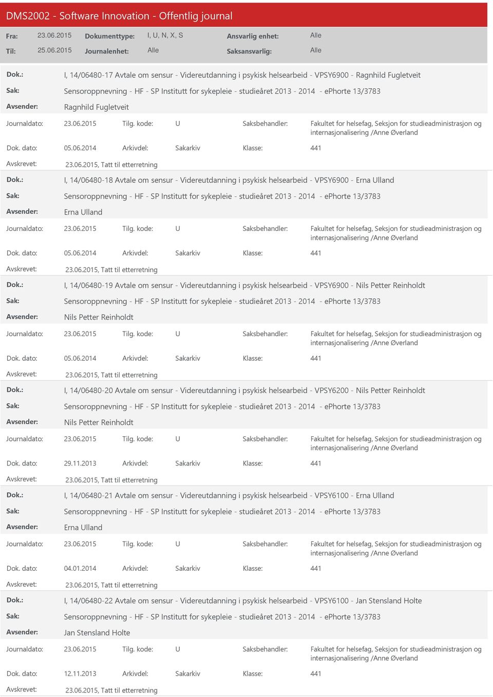 2014, Tatt til etterretning I, 14/06480-18 Avtale om sensur - Videreutdanning i psykisk helsearbeid - VPSY6900 - Erna lland Sensoroppnevning - HF - SP Institutt for sykepleie - studieåret 2013-2014 -