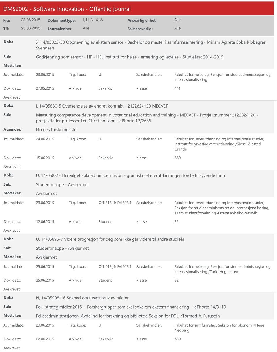 2015 I, 14/05880-5 Oversendelse av endret kontrakt - 282/H20 MECVET Measuring competence development in vocational education and training - MECVET - Prosjektnummer 282/H20 - prosjektleder professor