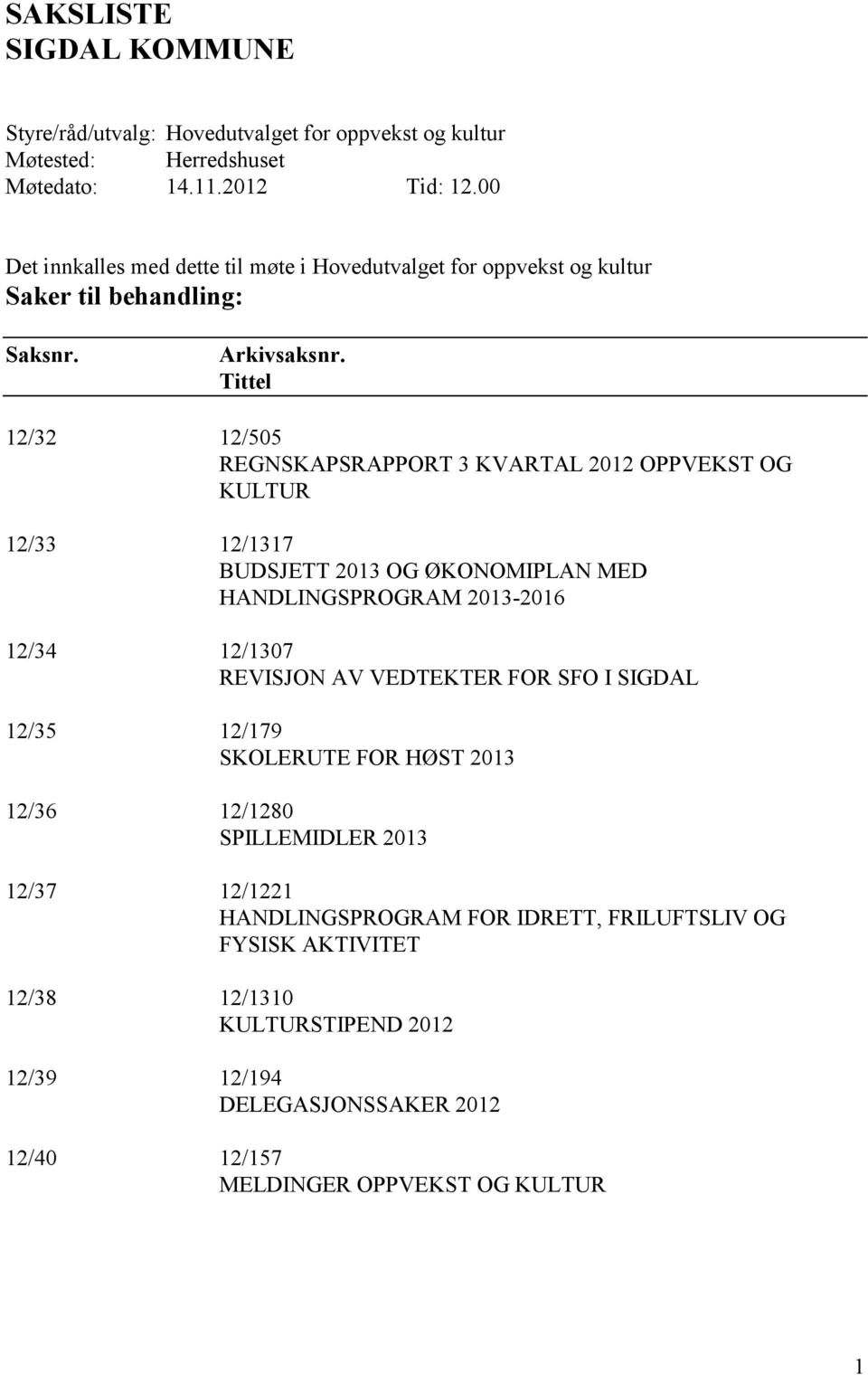 Tittel 12/32 12/505 REGNSKAPSRAPPORT 3 KVARTAL 2012 OPPVEKST OG KULTUR 12/33 12/1317 BUDSJETT 2013 OG ØKONOMIPLAN MED HANDLINGSPROGRAM 2013-2016 12/34 12/1307 REVISJON AV