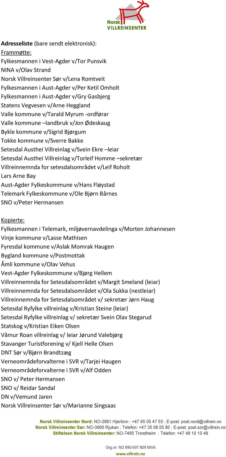 v/sverre Bakke Setesdal Austhei Villreinlag v/svein Ekre leiar Setesdal Austhei Villreinlag v/torleif Homme sekretær Villreinnemnda for setesdalsområdet v/leif Roholt Lars Arne Bay Aust-Agder