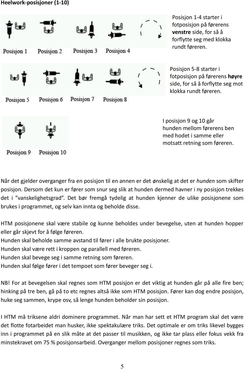 I posisjon 9 og 10 går hunden mellom førerens ben med hodet i samme eller motsatt retning som føreren.