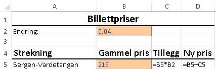 Når vi viser formler vises 14 % som 0,14. Excel regner med 0,14. Oppgave 7 Billetten med hurtigbåt fra Lavik til Bergen koster kr 365. Ved nyttår øker prisen med 4 %. Hva blir den nye billettprisen?