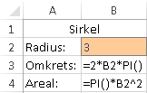 1.42 PI() Denne funksjonen brukes når vi trenger konstanten π i beregninger av areal og volum. EKSEMPEL FORMEL SOM INNEHOLDER π Regn ut omkrets og areal av en sirkel som har radius lik 3,0 cm.