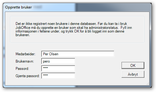 5. Du får nå spørsmål om å definere den første medarbeider og bruker for den nye databasen: 6.