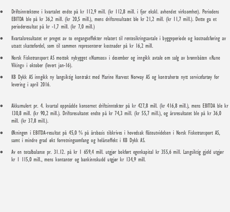 HOVEDPUNKTER 4. KVARTAL 2015 DRIFTSINNTEKTER (MNOK) EBITDA (MNOK) RESULTAT PR.