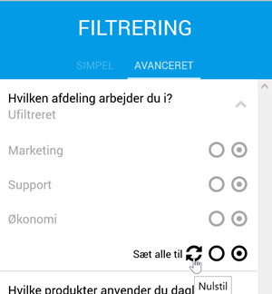 Du kan ikke nulstille alle valg på én gang, men kun for hvert kategorispørgsmål.