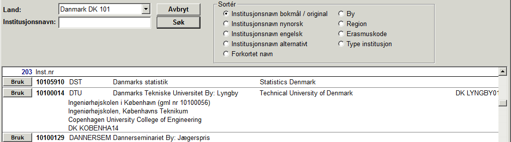 Stedsøk Finne riktig høyere utdanningsinstitusjon i det nasjonale stedregisteret som ligger i FS. Skriv Ctrl+T i feltet Sted i søkebildet til høyre. Da kan du først velge land.