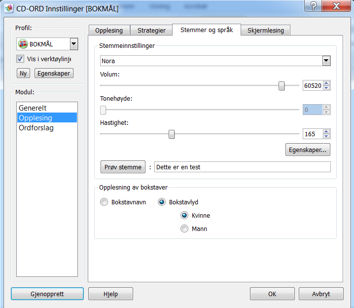 Stemmer og språk Under innstillingen Stemmer og språk finner du de forskjellige stemmene. Her kan du endre bl.a. hastigheten og volumet (lydstyrken) til den enkelte stemme.