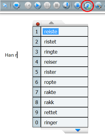 Ordforslag Når ordforslag er slått på, vises CD-ORDs ordliste på skjermen. Bruk knappen Ordforslag på/av i verktøylinjen. Du kan også velge det i Menyen Ordforslag.