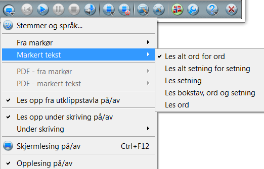 Som standard blir hele teksten - fra markøren og framover - lest opp ord for ord. Du kan velge andre strategier i Menyen opplesning/ Fra Markør.