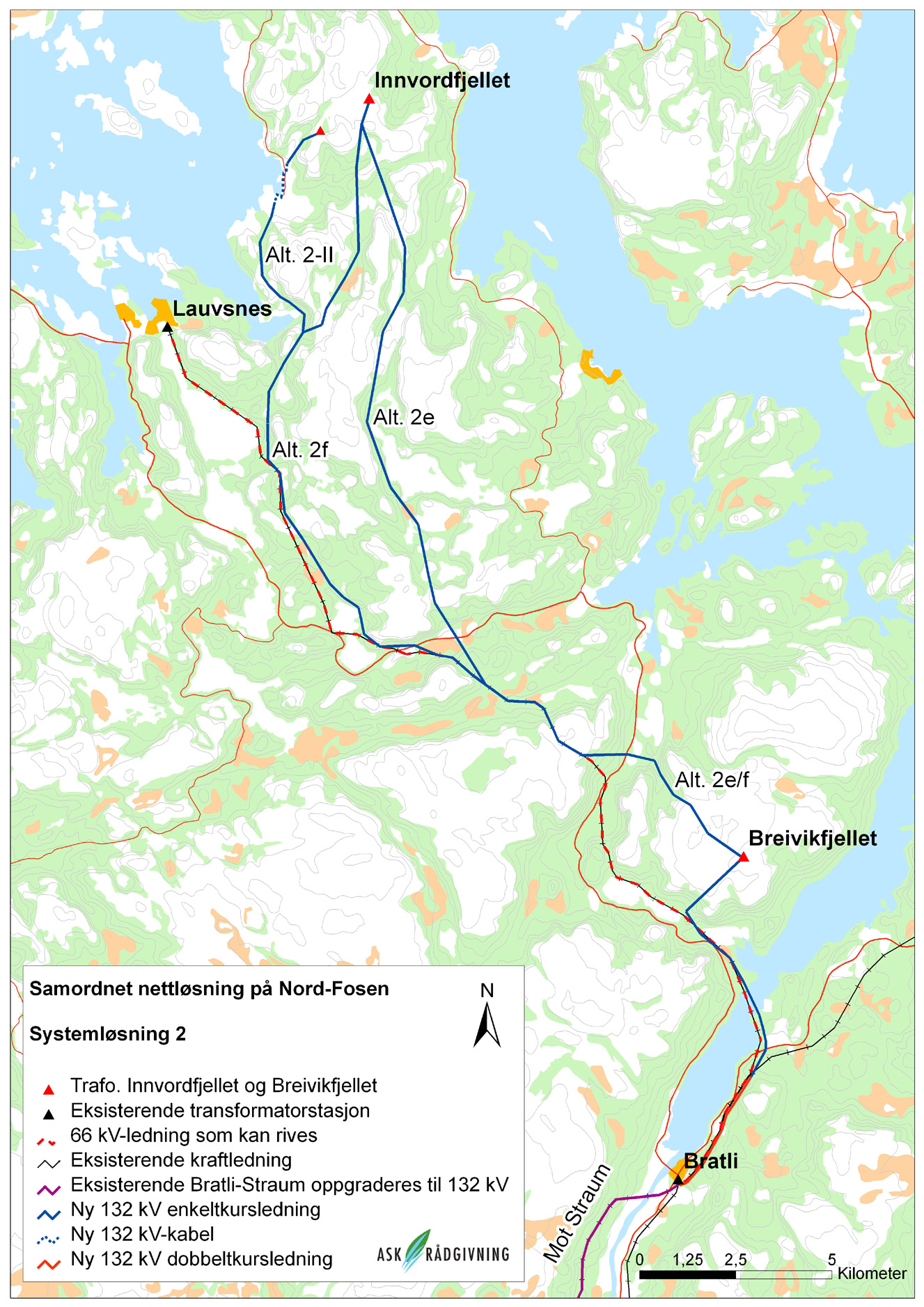 Systemløsning 2 Det bygges en ny 132 kv ledning fra Innvordfjellet ned mot Breivikfjellet.