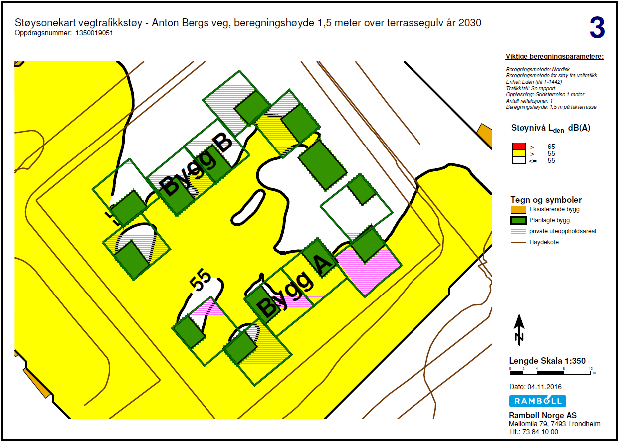 Punktverdiene for andre og tredje etasje befinner seg stort sett i gul støysone, som også illustreres i støysonekartet i figur 4. Figur 7 Punktberegningsverdier, L den, på de støyutsatte fasadene.