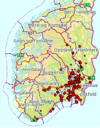 Oppland, Buskerud, Vestfold, Telemark, Aust-Agder og Vest-Agder fram til 1973 (Figur 37, Løken 1973). Innenfor perioden 1876 1984 er det 250 funn i Artskart.