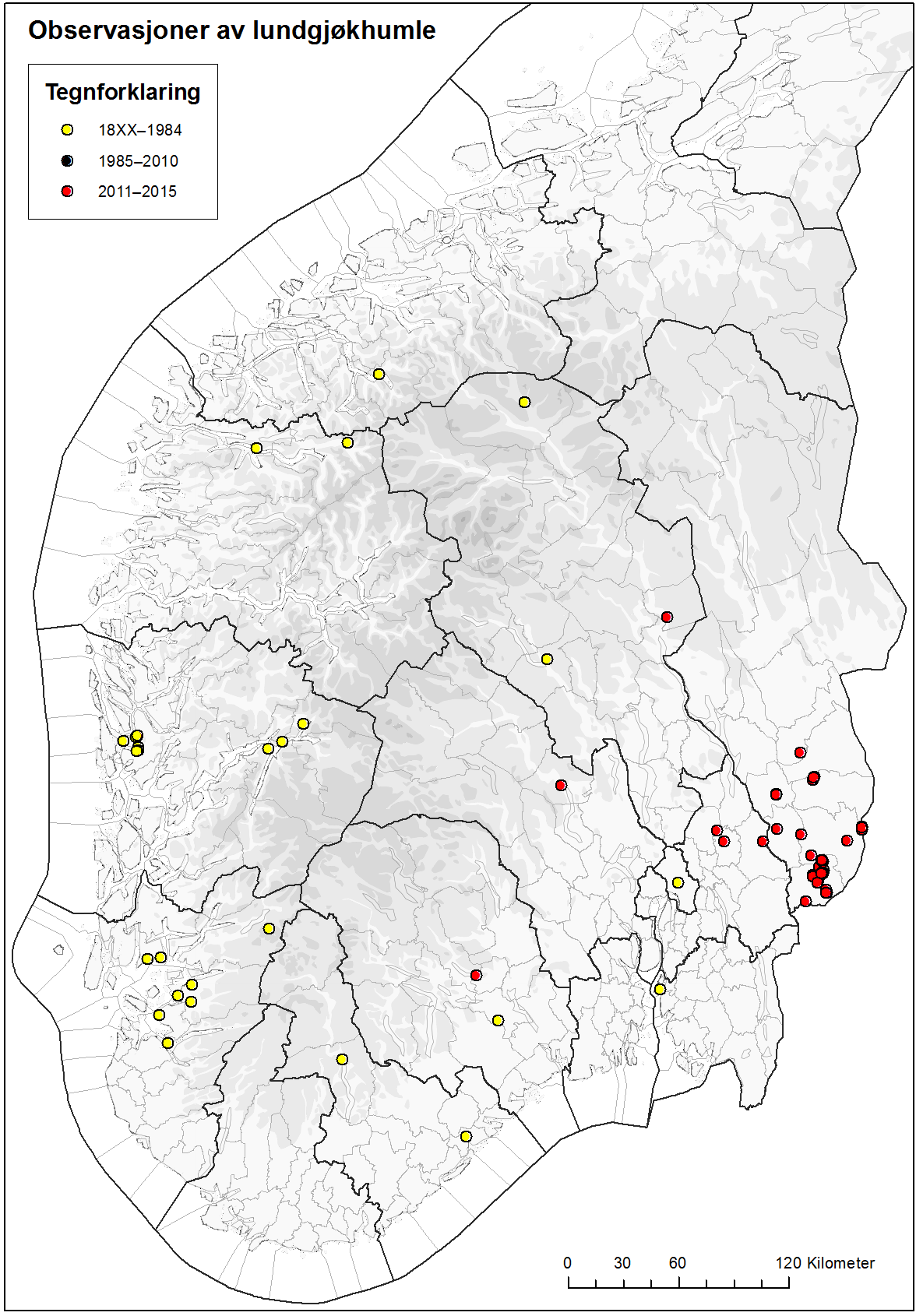Figur 40. Kjente forekomster av lundgjøkhumle Bombus quadricolor i Norge fram til og med 2015. Arten ble ikke dokumentert fra Norge i perioden 1962 2011.