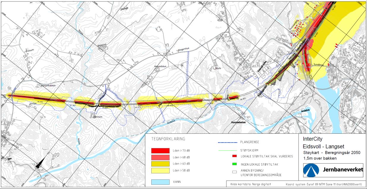 Støy Grenseverdi for støy L den 58dB; beregnet for sannsynlig trafikk i 2050.